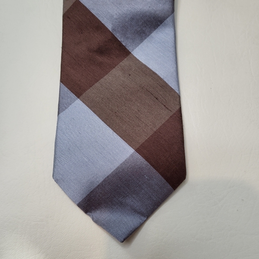 Peter Millar neck tie light blue brown plaid 100% shantung silk - Picture 3 of 6